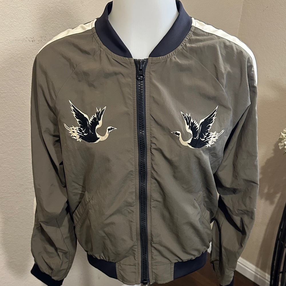 Women’s size 6 Olive Bomber Jacket with Embroidered Birds box 3